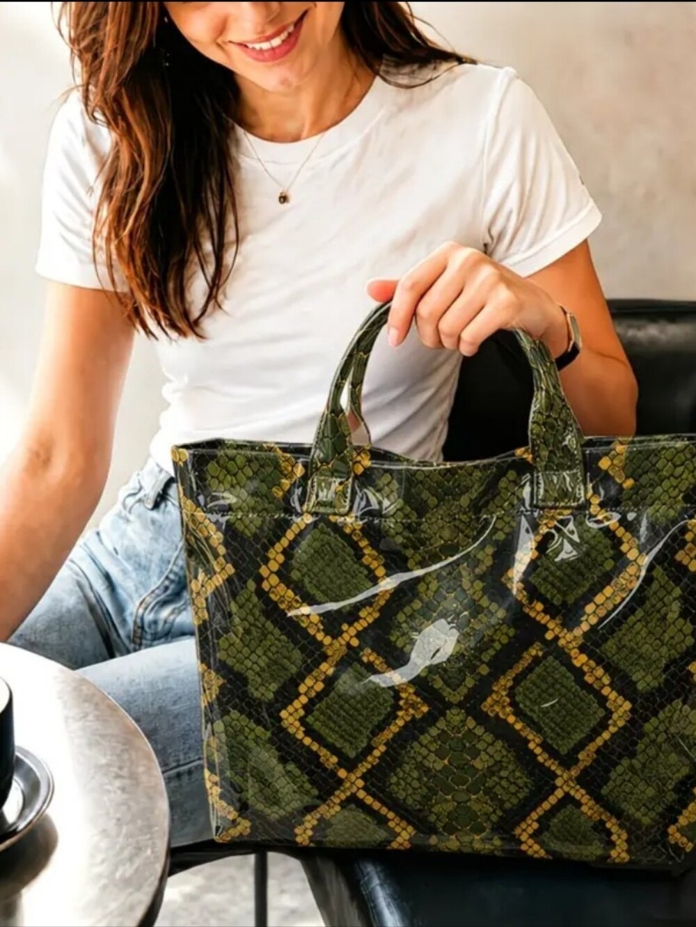 Women Green Olive Daily Commute Snake Skin Tote PVC - Picture 3 of 8